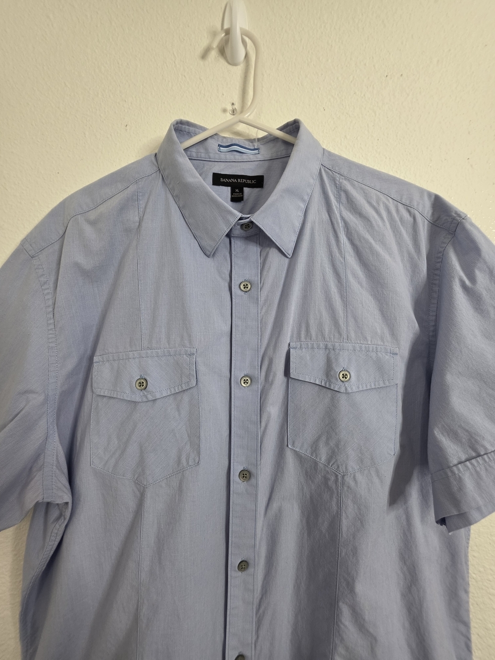 Banana Republic Mens XL Blue Striped Short Sleeve Button Down Shirt Pocket - Picture 5 of 11